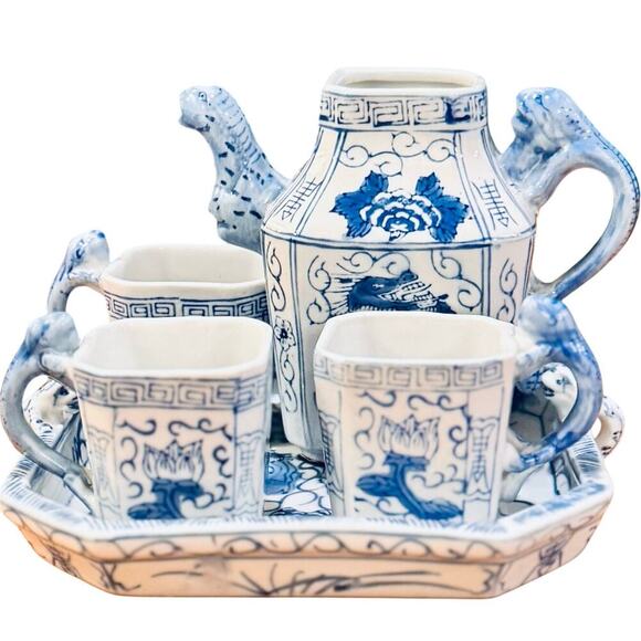 Vintage Blue & White Dragon Teapot Set – 5-Piece Porcelain - Picture 1 of 6